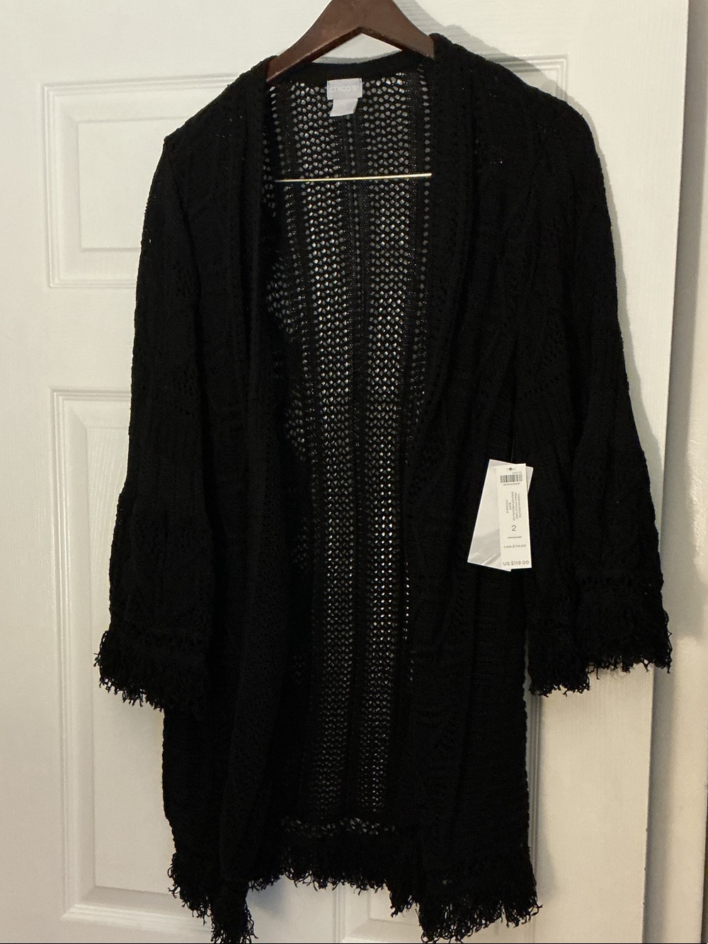 Chico's Black Open-Front Fringe Knit Cardigan. NWT